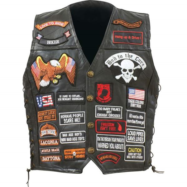 Buffalo leather biker vest with 42 patches