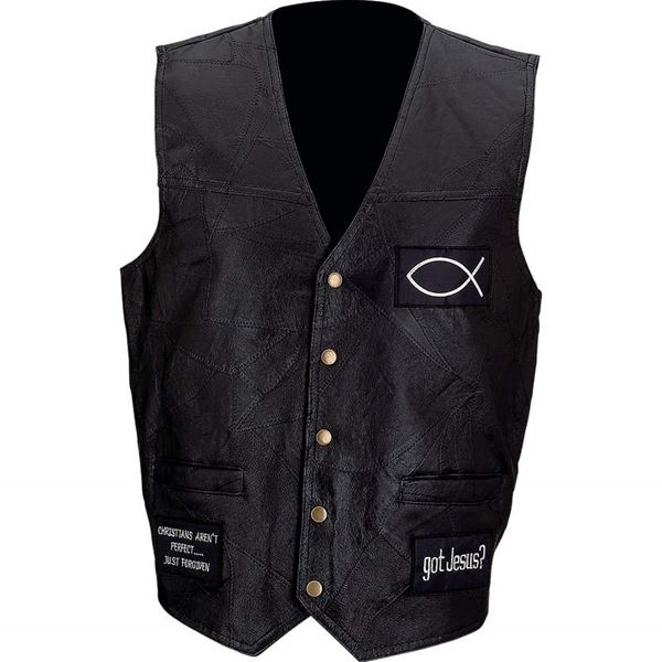 leather christian vest with patches