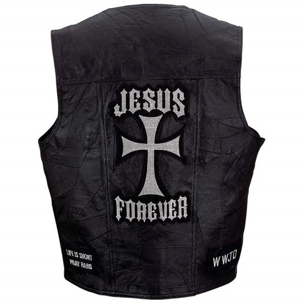 leather christian vest with patches 1