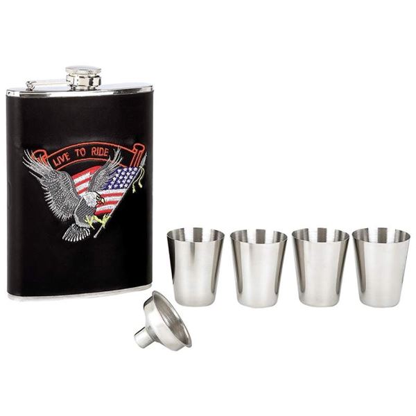6pc Stainless Steel Flask Set LIVE TO RIDE logo Gift Set 6pc Stainless Steel Flask Set LIVE TO RIDE logo Gift Set