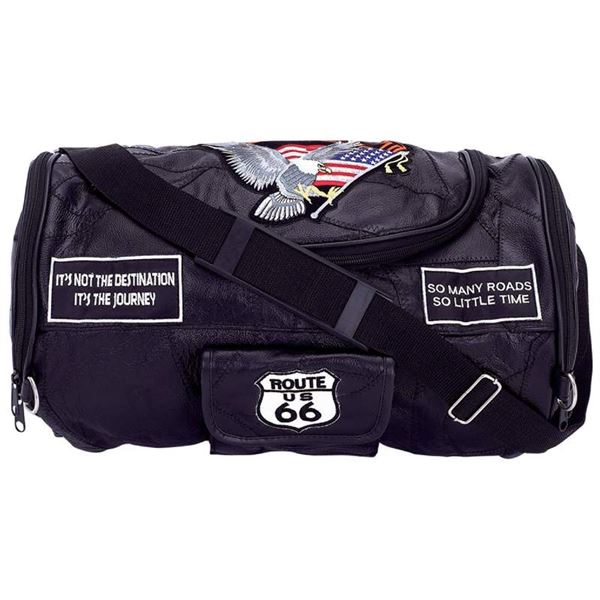 Genuine Buffalo Leather Motorcycle Barrel Bag with Patches