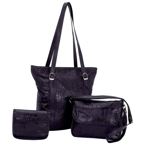 Black Genuine Leather 3pc Purse Set with Crocodile Embossing