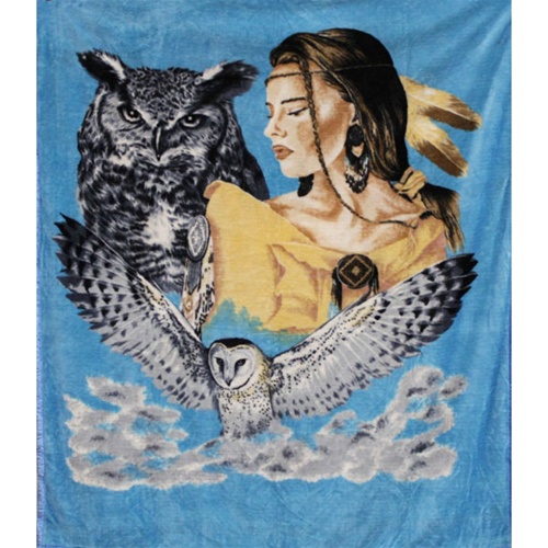 Queen Size Blanket - Indian Maiden with Owls Queen Size Blanket - Indian Maiden with Owls