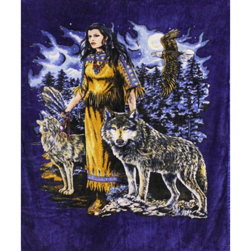 Queen Size Blanket - Indian with Wolves Queen Size Blanket - Indian with Wolves